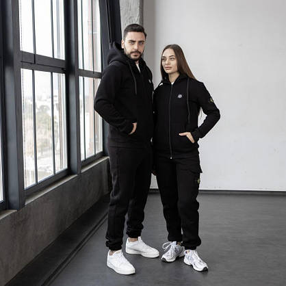 Мужской спортивный костюм черный Stone Island костюм теплый осень-зима на флисе с капюшоном молодежный модный, фото 6