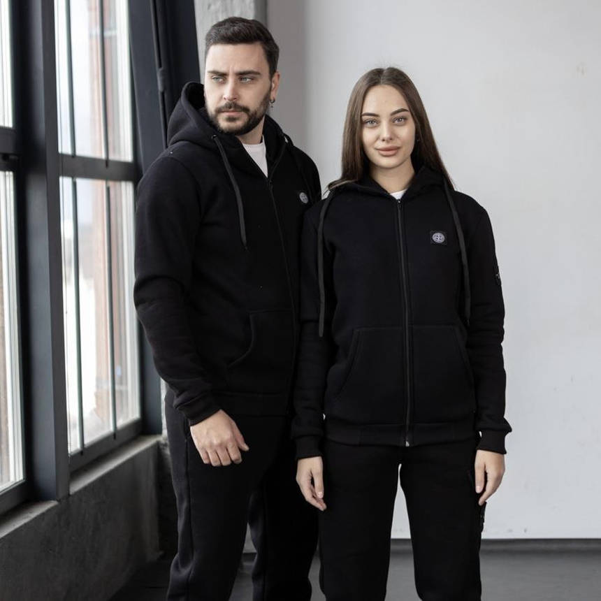 Мужской спортивный костюм черный Stone Island костюм теплый осень-зима на флисе с капюшоном молодежный модный, фото 1