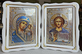 Ікони вінчальні Спаситель П.Б.Казанська в білому деревянному фігурному кіоті під склом, розмір 27*37,лік 20*30