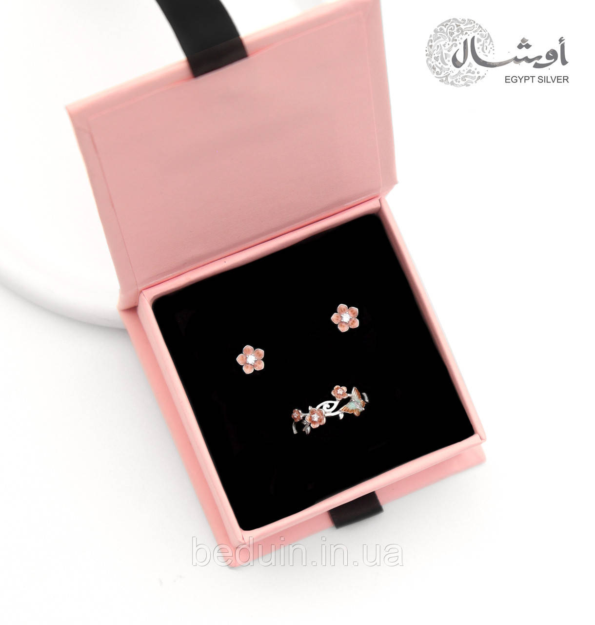 Набір срібних прикрас комплект "Ельфійський Сад" кільце та сережки на закрутці — 925 проби EGYPT SILVER