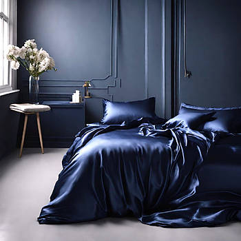 Простирадло 150х220 (Сатин Premium) | Полуторне простирадло від виробника "Королева Ночі" | Однотонний темно-синій