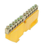 Шина земляна N/PE на DIN-рейку ШЛІ 6х9 12 отворів із ізолятором жовта