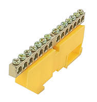 Шина земляна N/PE на DIN-рейку ШЛІ 6х9 14 отворів із ізолятором жовта