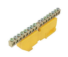 Шина земляна N/PE на DIN-рейку ШЛІ 6х9 16 отворів із ізолятором жовта