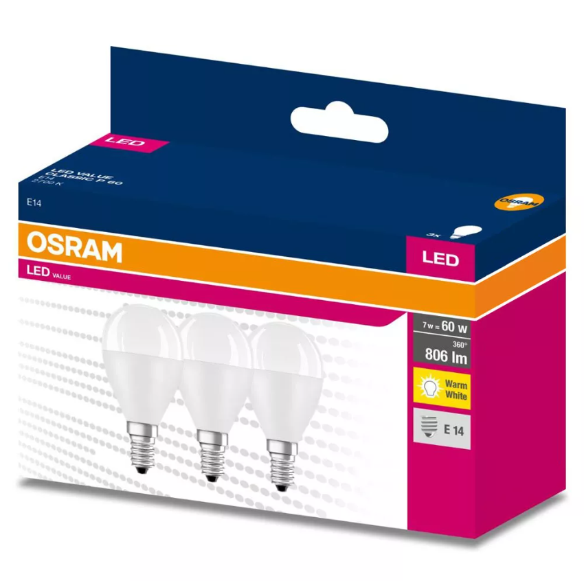 Світлодіодна лампа OSRAM LED VALUE CL P60 6.5W/840 230V FR E14. 3 шт