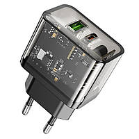 TU  TU Сетевое зарядное устройство Hoco N34 USB/ Type-C QC PD 20W прозначно-черное