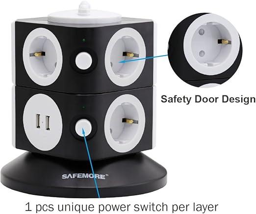 Багатофункціональний подовжувач SAFEMORE. 7 відсіків з 2 USB-роз'ємами, окреме перемикання