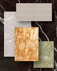 Дорогоцінні мармурові ефекти. Чотири різні плити елегантно поєднані в єдине ціле. Керамограніт THE TOP та рельєфні покриття з CROGIOLO CONFETTO.