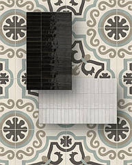 Поєднання світлого та темного кольорів керамограніту CROGIOLO LUME WHITE та BLACK з супер блискучою поверхнею та ефектом цементу D_SEGNI BLEND TAPPETO 12 створює актуальне дизайнерське середовище, наприклад для оформлення плиткою кухні.