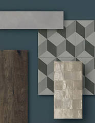 Пропозиція для їдальні та кухні. Матовий однотонний керамограніт GRANDE RESIN LOOK BLU поєднується з плиткою у візерунках CROGIOLO D_SEGNI BLEND CARBONE 10. А невеликий формат CROGIOLO ZELLIGE ARGILLA керамограніт з ефектом дерева VERO QUERCIA.