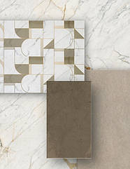 ДЕКОР CLUB GOLDEN WHITE з колекції ALLMARBLE вдало поєднується з темно-сірим керамогранітом під мармур PULPIS та плиткою підлога камінь TERRATECH бежевого кольору CANNELLA.