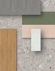 Матовий однотонний керамограніт із колекції GRANDE RESIN LOOK- LIGHT GREEN та PINK поєднується MYSTONE CEPPO DI GRÉ GREY. А насичений сірий STONE LOOK BASALTINA буде парою до зеленої матової RESIN LOOK VERDE SCURO.