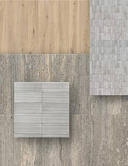 Керамограніт OLTRE NATURAL з ефектом дерева поєднується з яскравою плиткою CROGIOLO RICE PLEAT 3D та елегантним сірим керамогранітом MYSTONE TRAVERTINO SILVER.