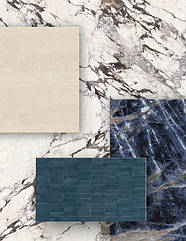 Дивовижні прожилки синього керамограніту GRANDE MARBLE LOOK SODALITE BLU поєднуються з малюком CROGIOLO RICE BLUE, що нагадує майоліку ручної роботи. А керамограніт з ефектом мармуру THE TOP MARBLE LOOK з бежевим CAPRAIA MYSTONE TRAVERTINO NAVONA.
