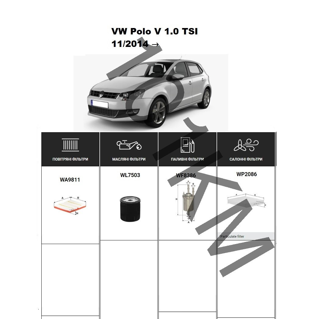 Комплект фільтрів VW Polo V 1.0 TSI (2014-2017) WIX