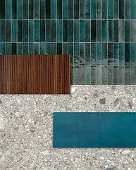 Мінімальний формат керамограніту LUME BLUE LUX виглядає виграшно на тлі плитки під камінь MYSTONE CEPPO DI GRE.