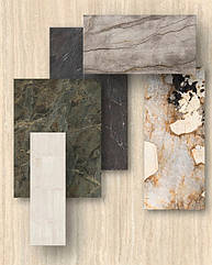 Керамограніт Marazzi Crogiolo ArtCraft Pomice 5,3х30 у світлому бежі та плитка з ефектом травертину Marazzi Fabula Travertino дають величезне поєднання з кавовим Marazzi Grande Stone Look Silver Root Satin 3D Ink з ніжними прожилками.