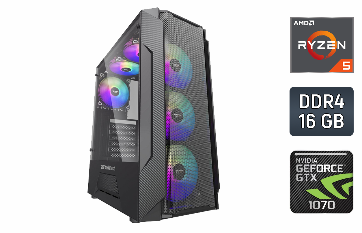 Ігровий ПК DarkFlash Leo Black/ Ryzen 5 4500/ 16 GB RAM/ 256 GB SSD + 500 GB HDD/ GeForce GTX 1070 8GB/ 700W