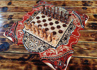 Шахи та нарди ручної роботи з елементами ризіння для дерева та малюнком, зробленим випалюванням для дерева