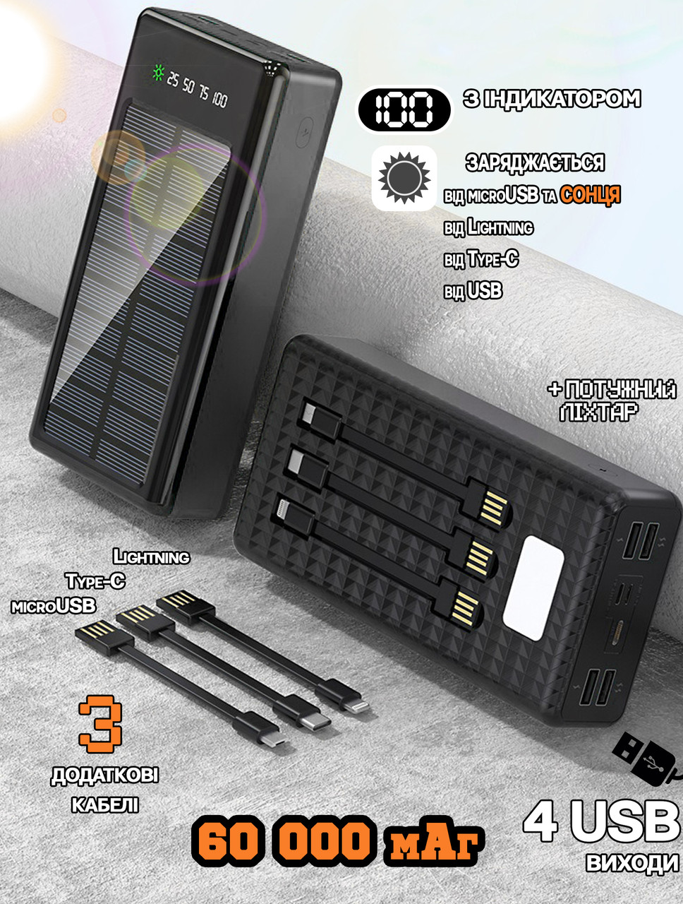 Потужний Power Bank-повербанк Nomi 60000mAh із сонячною панеллю та LED ліхтарем, USB, Type-C Чорний, фото 1