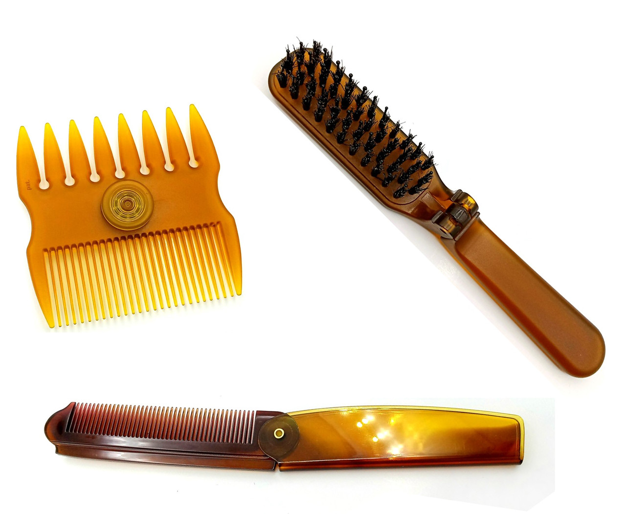 Набір гребінців чоловічий дорожній 3 в 1 розкладні щітка та гребінь, гребінь-спінер, янтар