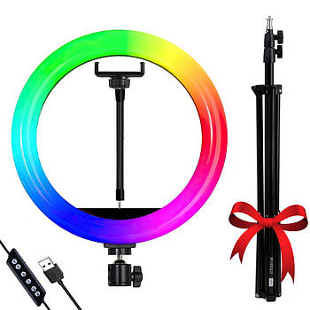 Кільцева лампа RGB 26 см, від USB MJ260 + Подарунок Штатив для кільцевої лампи 0,66-2 м / Студійне світло