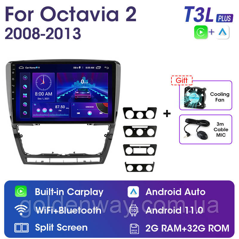 Штатна автомагнітола магнітола для SKODA Octavia A5 2007-2014 T3L PLUS 2/32 Гб 4CORE WiFi GPS Колір рамки Чорний глянцевий