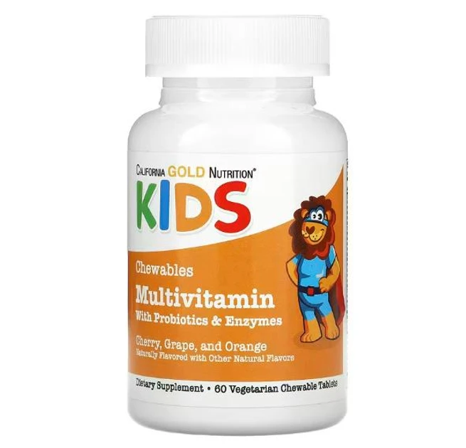 Вітаміни для дітей з пробіотиками та ферментами California Gold Nutrition Kids Multivitamins 60 жув. таб.