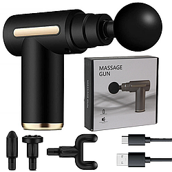 Перкусійний масажер з 4 насадками Gun Massager, Чорний / Ручний масажер / Масажер для тіла