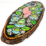 Картина на зрізі дерева Петриківський розпис ручної роботи 45x20 см РОЖЕВИЙ ПТАХ Український сувенір, фото 2