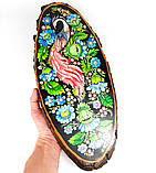 Картина на зрізі дерева Петриківський розпис ручної роботи 45x20 см РОЖЕВИЙ ПТАХ Український сувенір, фото 4