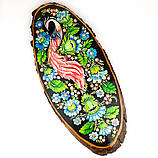 Картина на зрізі дерева Петриківський розпис ручної роботи 45x20 см РОЖЕВИЙ ПТАХ Український сувенір, фото 6