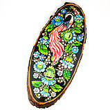 Картина на зрізі дерева Петриківський розпис ручної роботи 45x20 см РОЖЕВИЙ ПТАХ Український сувенір, фото 7