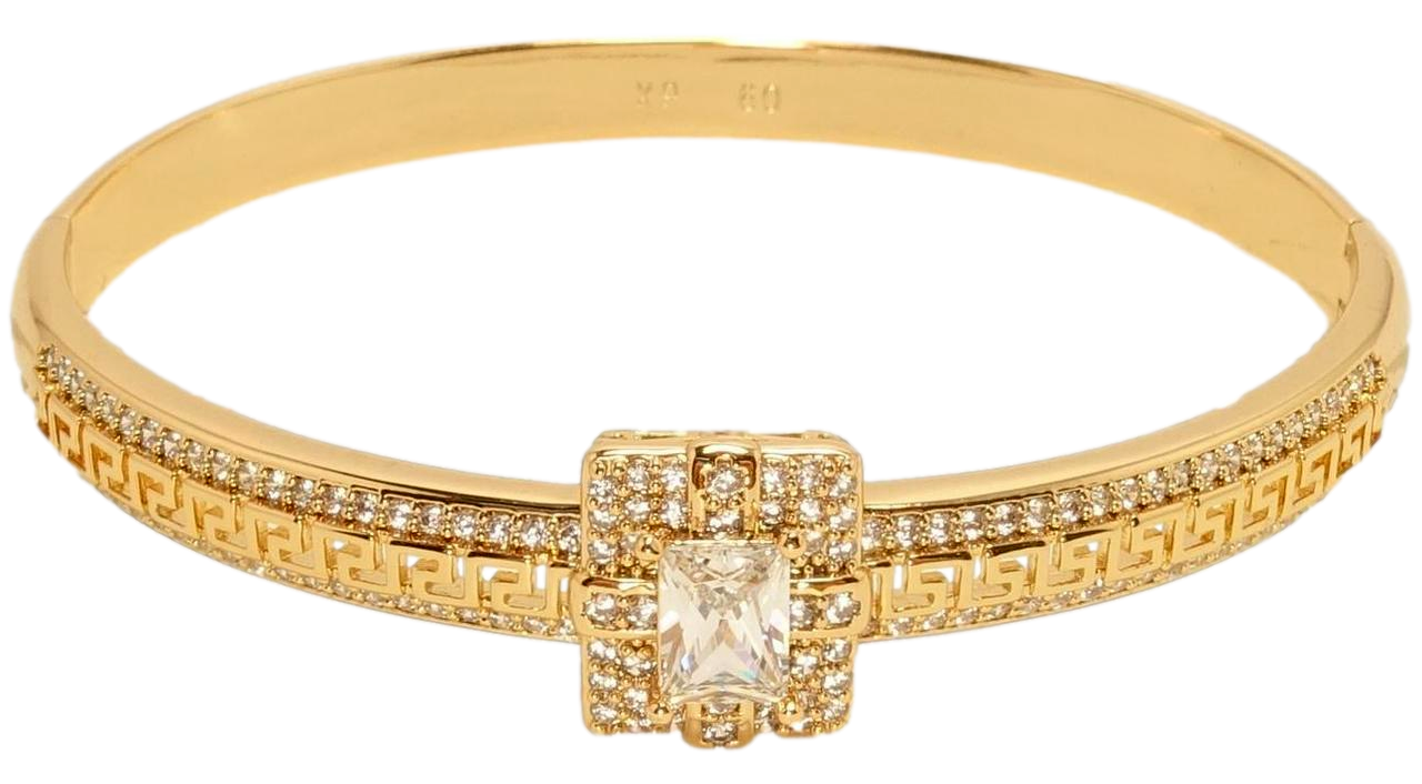 Браслет Xuping Позолота 18K "Меандрова лінія з доріжками цирконію та квадратом з кристалами" ø 6см