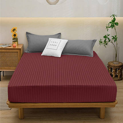 Натяжне щільне простирадло наматрацник на гумці з бязі (180*200*25) бавовняне натуральне в смужку темно-червоне, фото 1