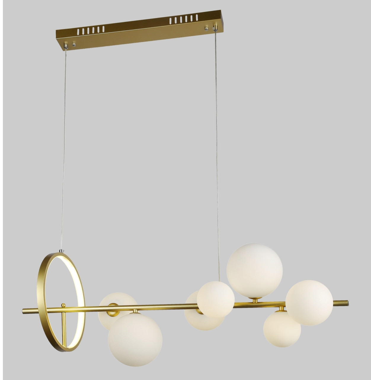 Золота люстра з білих куль на планці на 7 ламп (918-LP267-7 GD+WH)