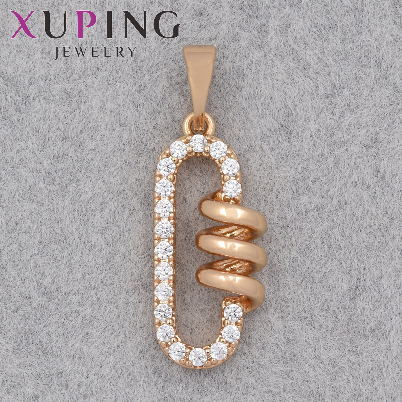 Кулон жіночий Xuping Jewelry медичне золото шпильочка кручена з білими стразами розмір виробу 20х10 мм