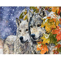 Картина для малювання камінням Diamond painting "Вовки та кленове листя"