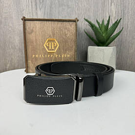 Чорний чоловічий шкіряний ремінь Philipp Plein якісний та стильний з автоматичною пряжкою(BRT)