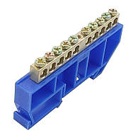 Шина нульова N на DIN-рейку ШЛІ 8х12 10 отворів із ізолятором синя