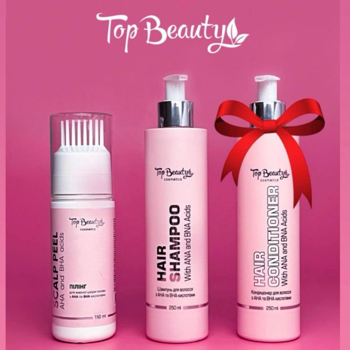 Набір для волосся з АНА та ВНА кислотами Top Beauty (пілінг для шкіри голови, шампунь, кондиціонер), фото 1
