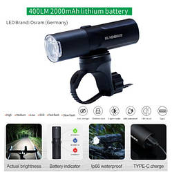 Велофара потужна LEADBIKE M02-OSRAM 400LM, 2000mAh, waterproof, children lock, Li-Ion акумулятор, ЗУ Type-C