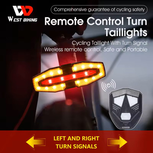 Велоліхтар LY-5510 із зазначенням поворотів (red+yellow), waterproof, ЗУ Type-C, Li-Ion акум., пульт управління, CR2032, фото 1