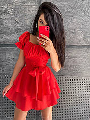 Жіночий комбінезон-ромпер: низ спідниця-шорти з рюшами, верх з декольте і відкритими плечима