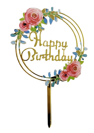 Дзеркальний топер золото "Happy Birthday" Рожеві Троянди 1 шт.
