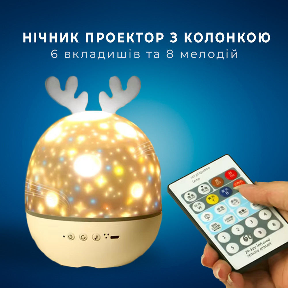 Світильник нічник проектор з BT колонкою 1Вт, 6 вкладок, АКБ, Cute Elf, 4 режими роботи LED підсвітки