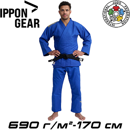 Кімоно для дзюдо синє унісекс ліцензійне IJF Ippon Gear Legend 2 Blue Slim Fit 690 гр/м.кв. (170 см), фото 1