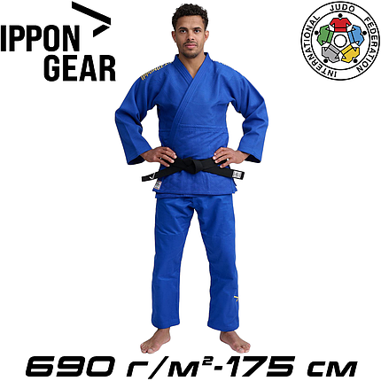 Кімоно для дзюдо синє унісекс ліцензійне IJF Ippon Gear Legend 2 Blue Slim Fit 690 гр/м.кв. (175 см), фото 1