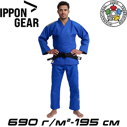 Кімоно для дзюдо синє унісекс ліцензійне IJF Ippon Gear Legend 2 Blue Slim Fit 690 гр/м.кв. (195 см), фото 1