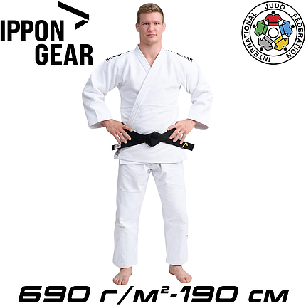Кімоно для дзюдо біле унісекс ліцензійне IJF Ippon Gear Legend 2 White Slim Fit 690 гр/м.кв. (190 см), фото 1